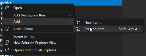 Add an existing Item in VisualStudio